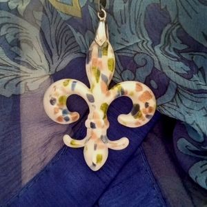 Vintage New! Fleur-de-lis Glass Pendant with Faux Leather Cord